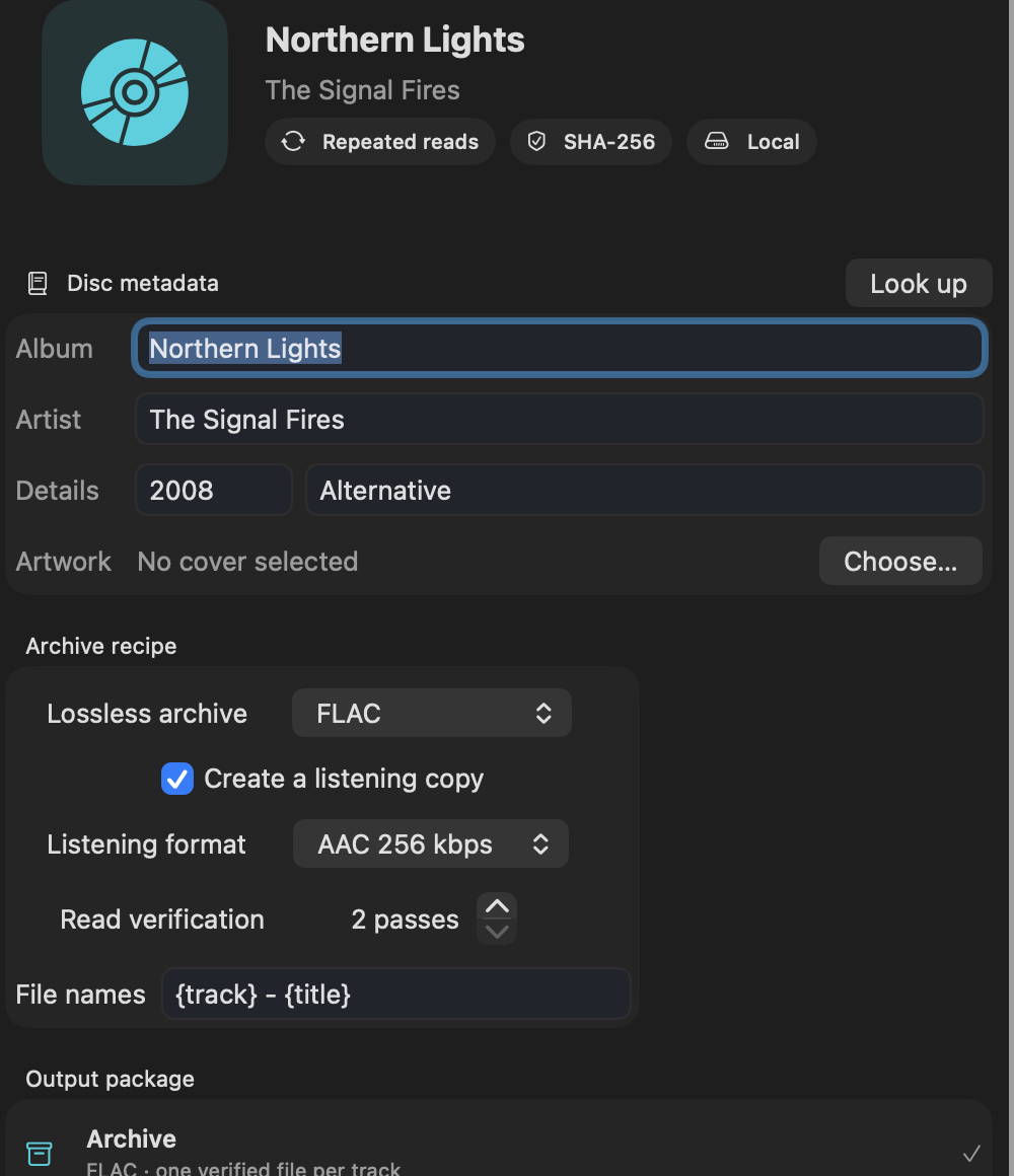 DiscForge metadata and lossless archive recipe controls