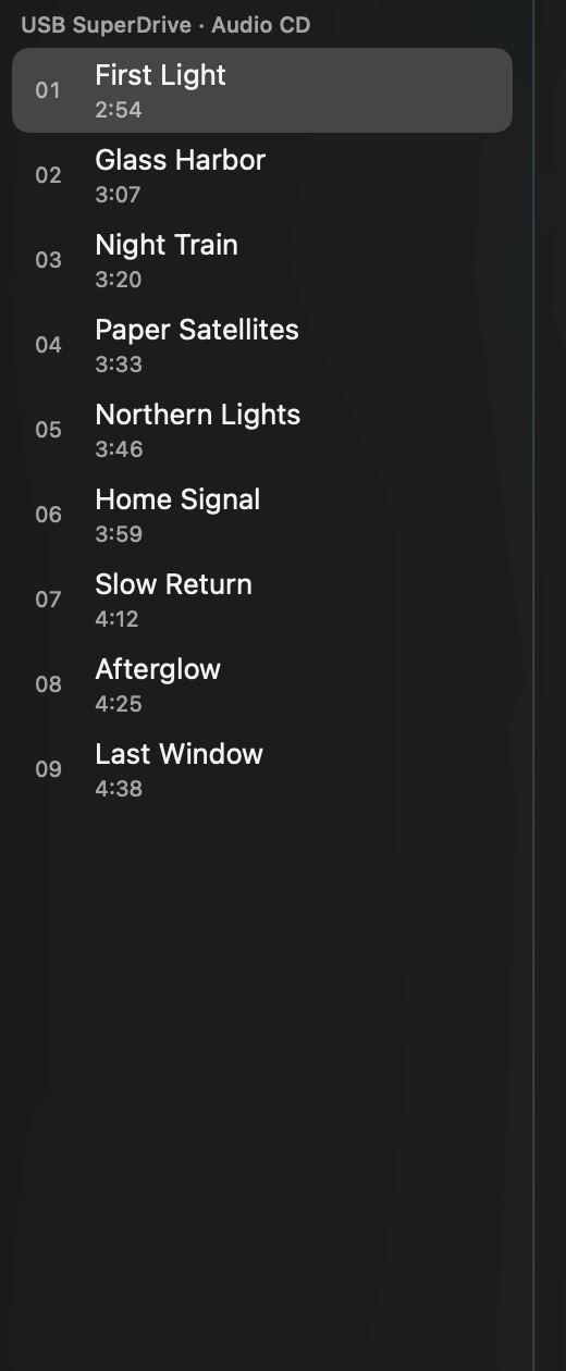 DiscForge list of nine mounted audio CD tracks