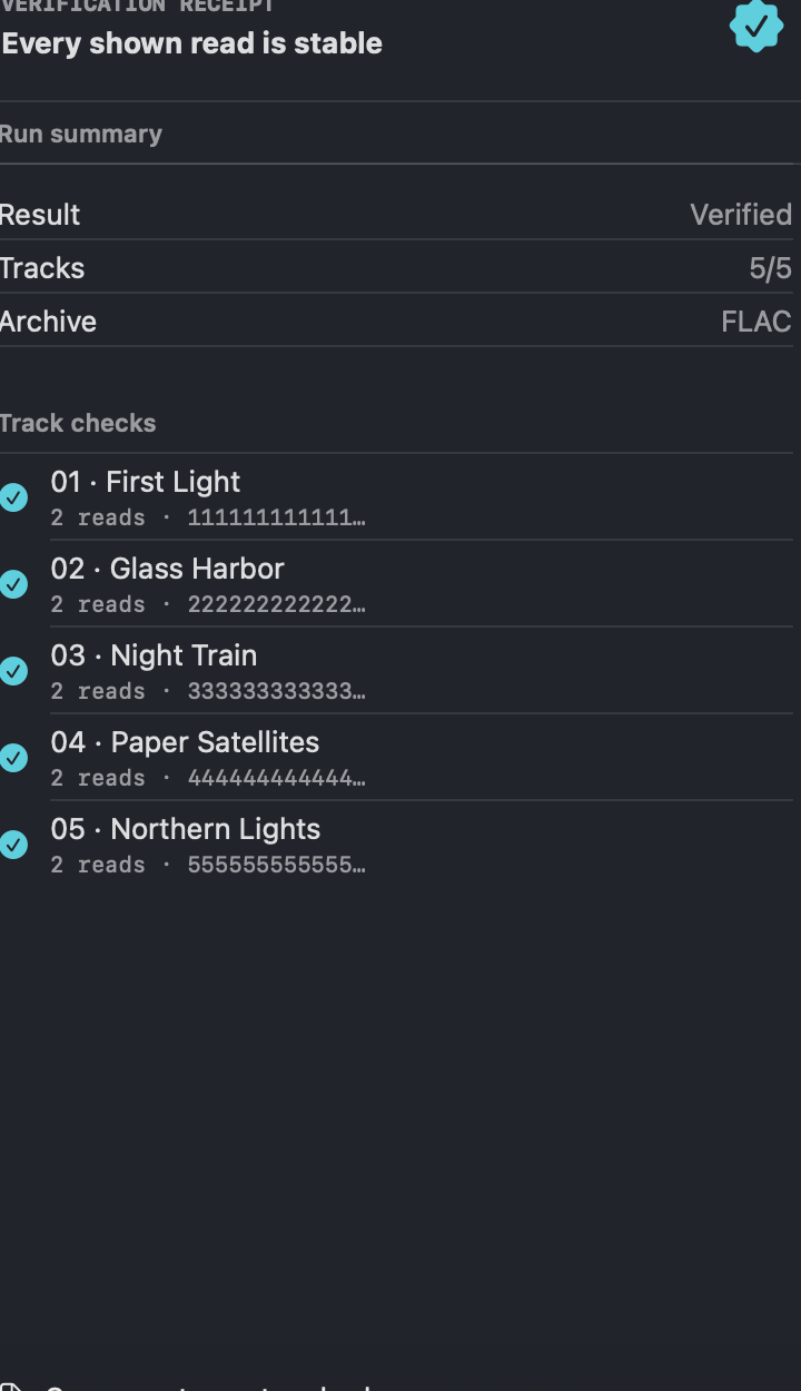 DiscForge verification receipt showing five stable repeated reads